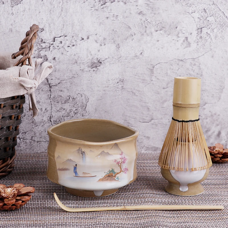 วินเทจญี่ปุ่นพิธีชงชา Matcha ชุด 4 ชิ้น Premium Matcha Starter Kit ไม้ไผ่ Whisk & ชามเซรามิคชุดของขวัญกล่องเป็นมิตรกับสิ่งแวดล้อม