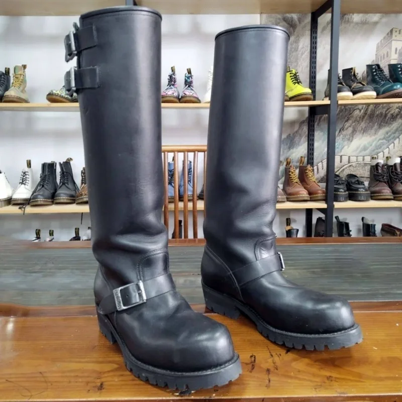 Black Long Motorcycle Boots Men's Leather Belt Buckle Decor Knight Boots Thick Heels Workwear Long Boots Super Cool Boots view 5