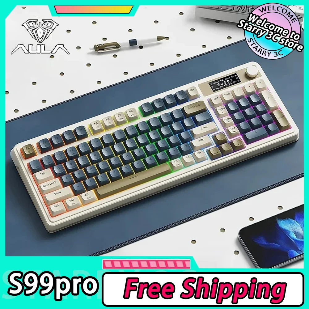 

Aula S99pro Keyboard Three Mode Wireless Gaming Keyboard RGB Multifunctional Knob Smart Screen Ergonomics PC Gamer Accessories