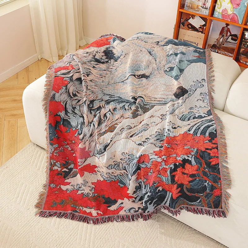 Textile City Vintage Japanese Ukiyo-e Wolf Jacquard Throw Blanket Red Maple Leaf Wave Art Woven Tapestry Sofa Decor Blanket