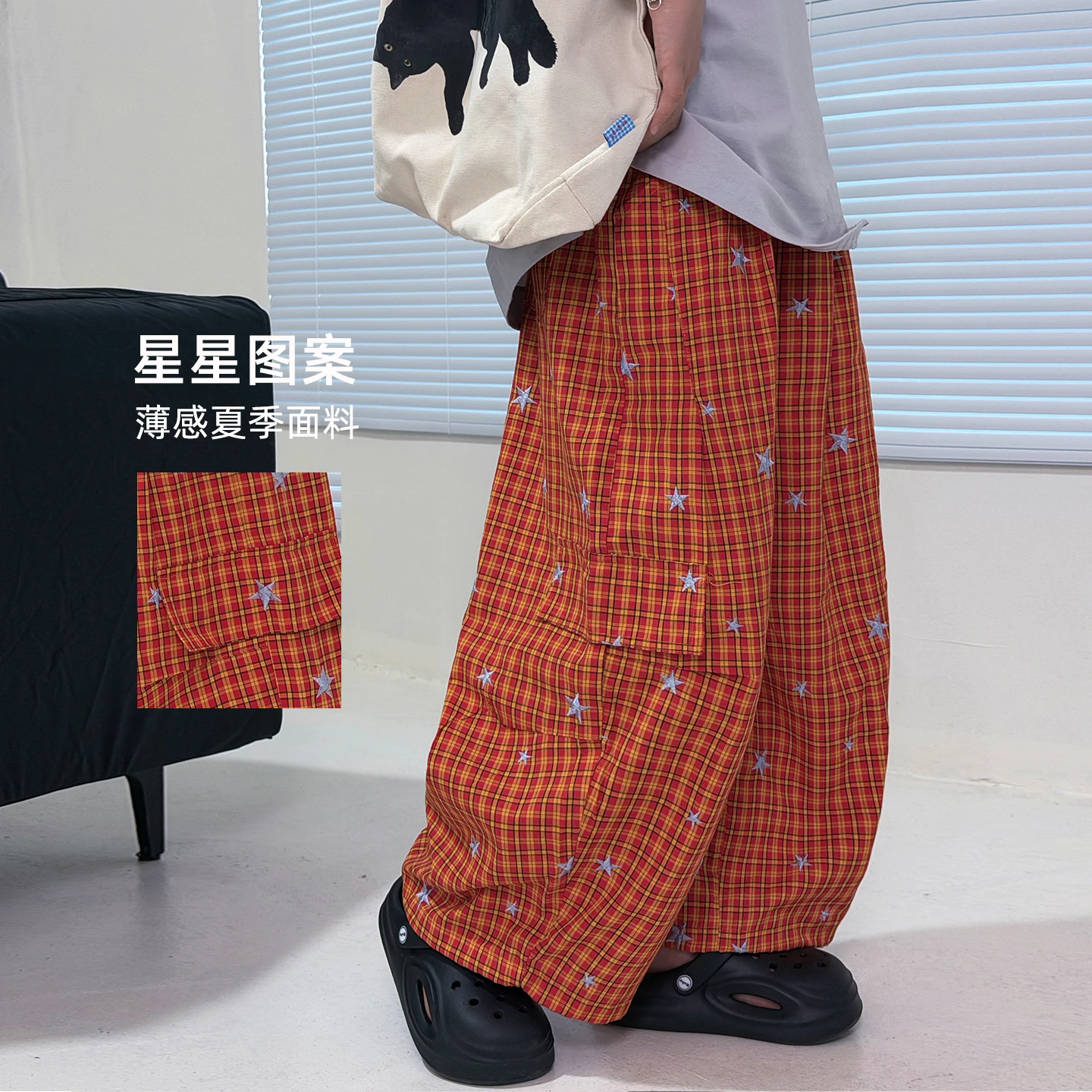 Kids Vintage Plaid Wide Leg Pants with Pockets Y2k Cargo Work Pleats Loose Fit Casual Trousers Dressy Tween Child Orange Bottoms
