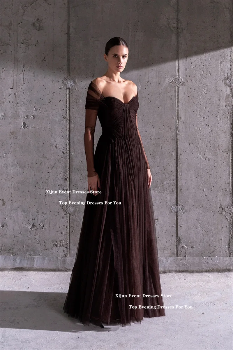 Xijun Elegant Brown Long Evening Dresses Off The Shoulder Sweetheart A-Line Formal Prom Dresses Pleated Dubai Prom Gowns Customi