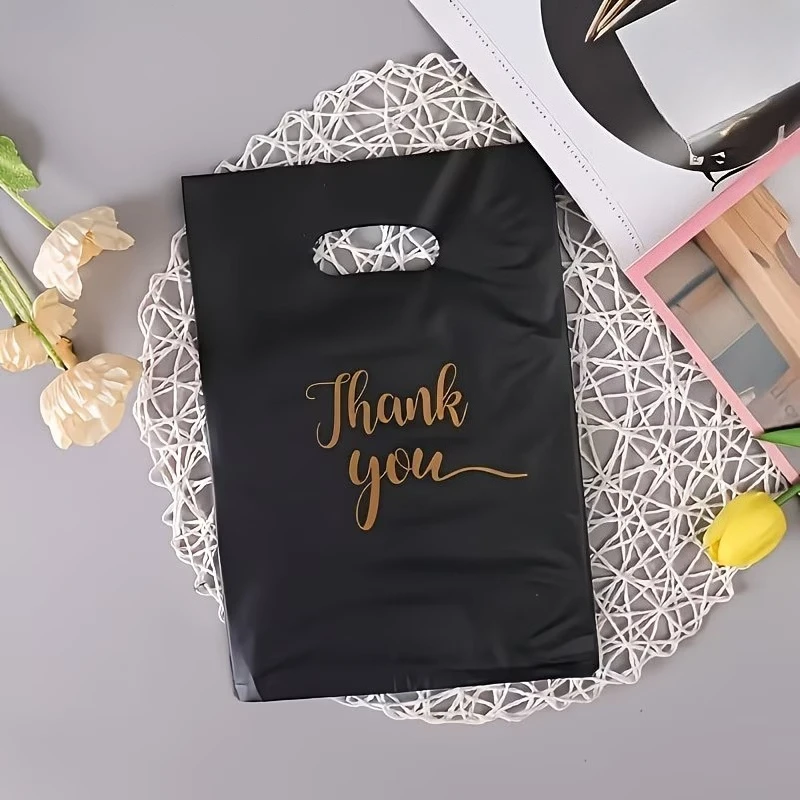 50/100 Stück Schwarze 'Danke'-Plastiktüten Handtaschen Plastik-Einkaufstaschen für Boutiquen Supermärkte Bekleidungsgeschäfte – Detail 3