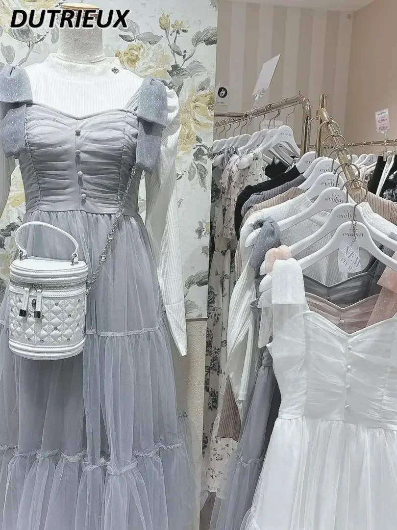 Estilo japonês doce menina fada suspender cintura vestido outono laço plissado em camadas malha sem mangas vestidos de comprimento médio