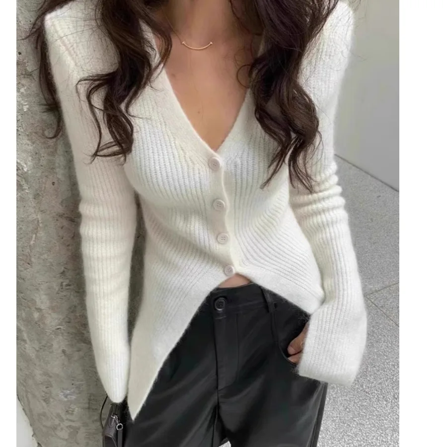 

Women's Knitted Base irt 2024 Autumn Winter Slim Fit V-Ne Long Sve Polar Fce Inner Wear Faion Outerwear Sweater