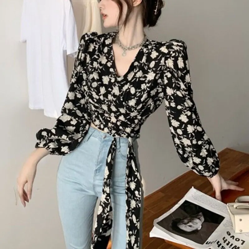 Elegan V-Neck Stylish Waist Shirt Bandage Spring Autumn Vintage Broken Flowers Female Clothing Commute Slim Long Sleeve Blouse