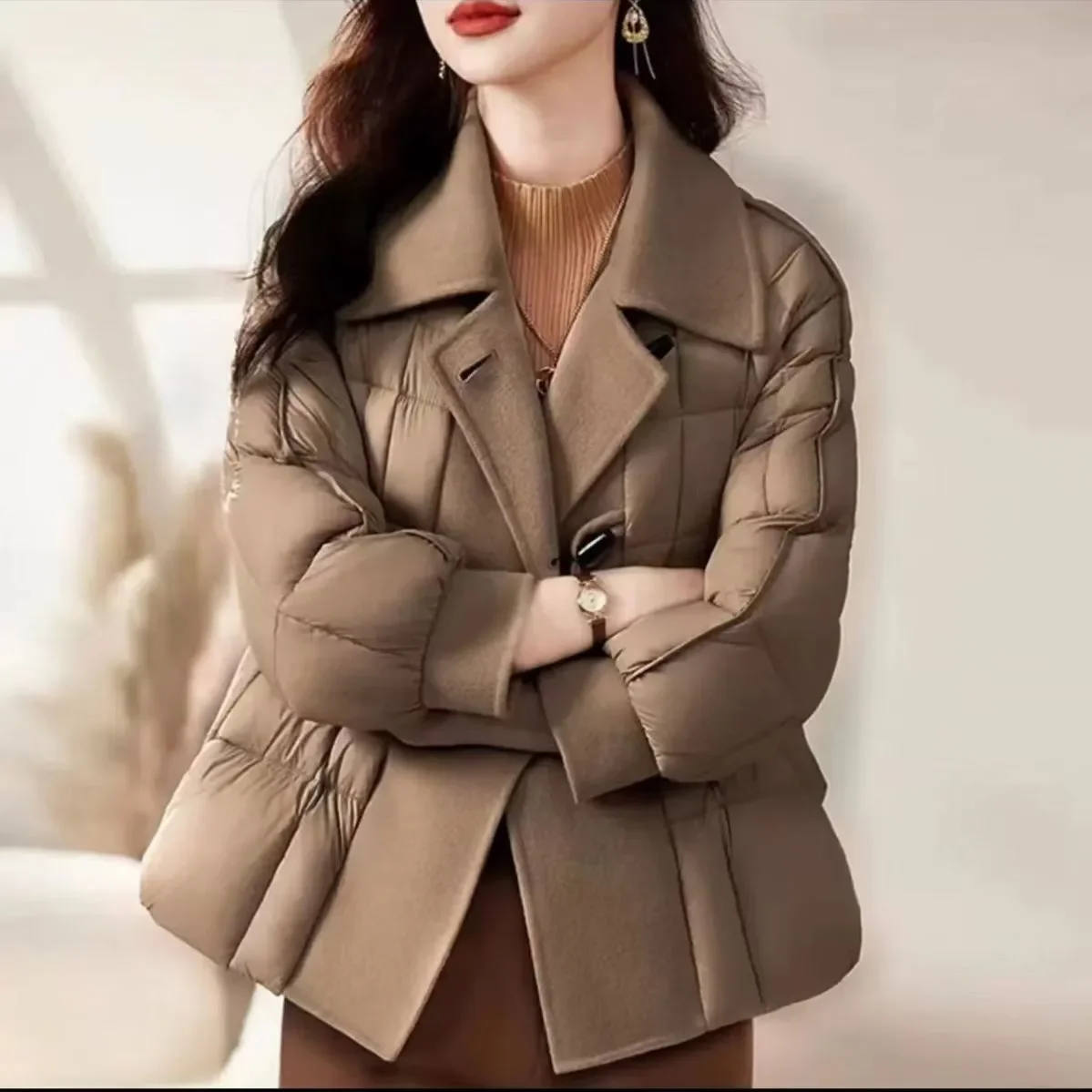 

Winter 2026 New Woolen Stitching Down Cotton-Padded Coat Women's Overcoat Warm Thicke Parka Fashion Loose Cotton Coat