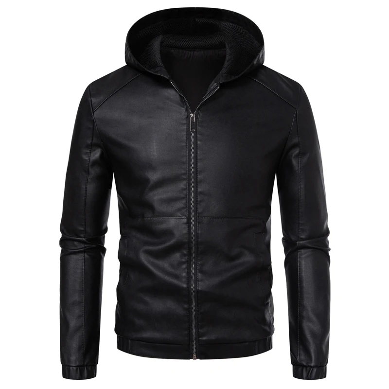 

TRAF Men's Stylish Black Leather Hooded Jacket Full - Zip Closure Premium Leather Ideal for Casual and Fashionable Looks