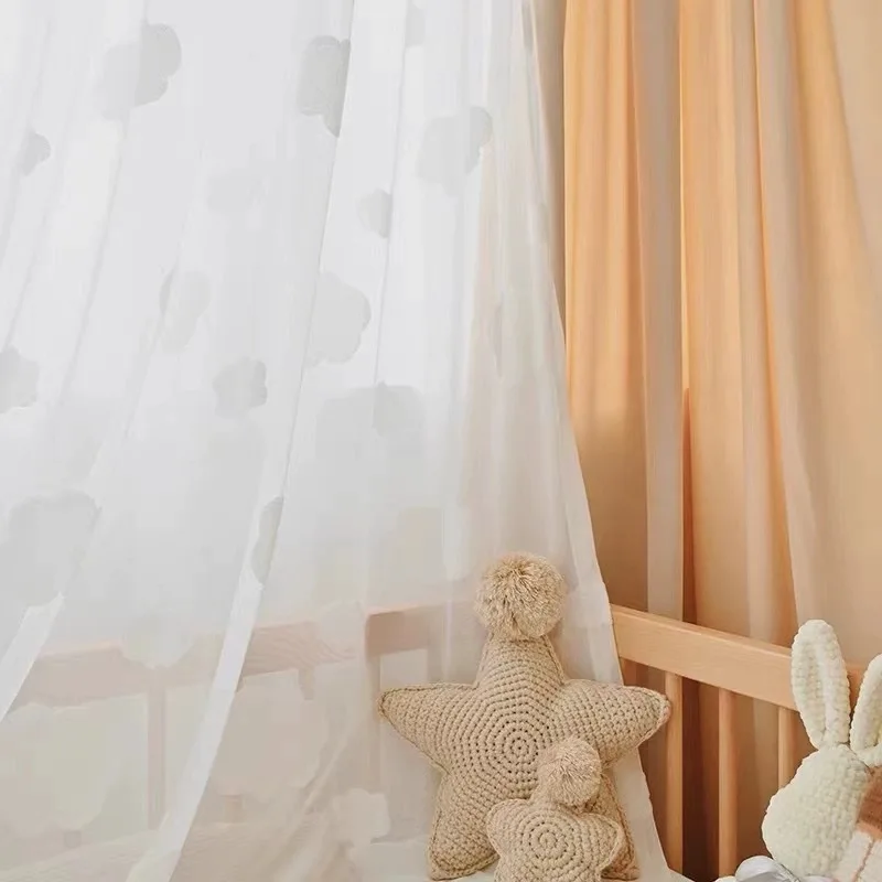 Luxury Thickened Light-transparent and Opaque Cloud Children's Cartoon with Gauze White Floor-to-ceiling Pastoral Bay Window