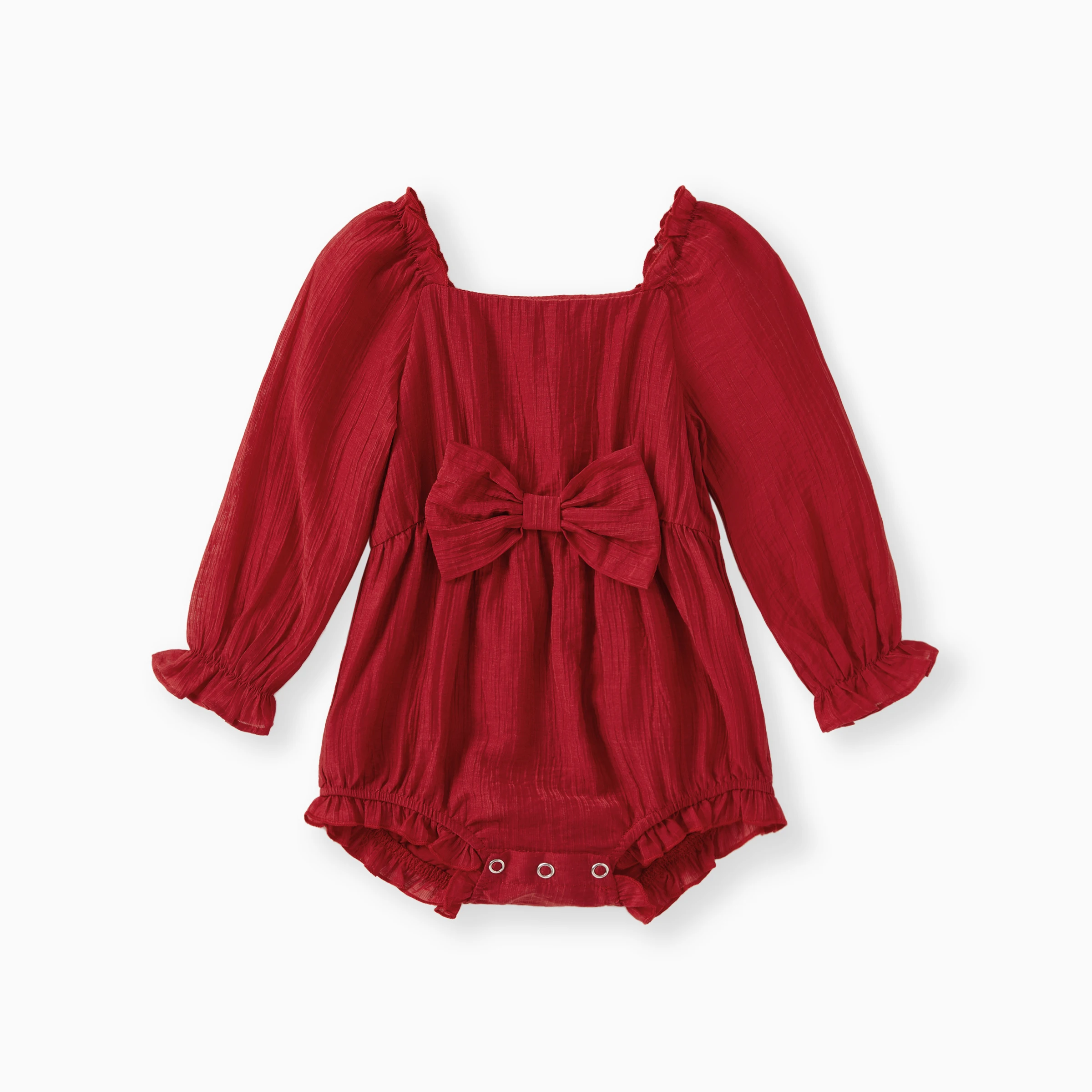 PatPat Family Matching Outfits Red Ribbed Cardigan Long Sleeves Bow Detail Shirred Back Tiered Dress Party