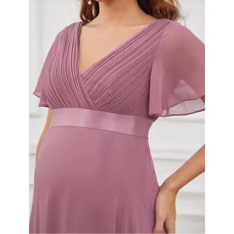 Maternity Surplice Neck Butterfly Sleeve Elastic Chiffon Dress Large Swing Double V-neck Banquet Bridesmaid Large Evening Dress