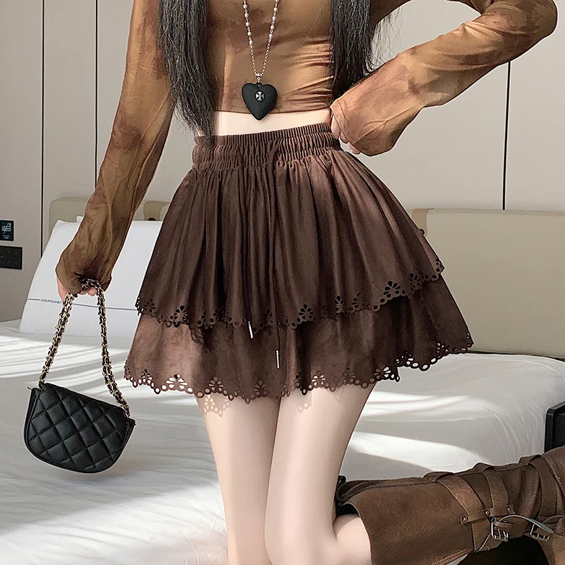 Seoulish outono inverno veludo cintura alta bolo feminino saias curtas 2025 coreano rendas oco para fora a linha skater mini saias femininas