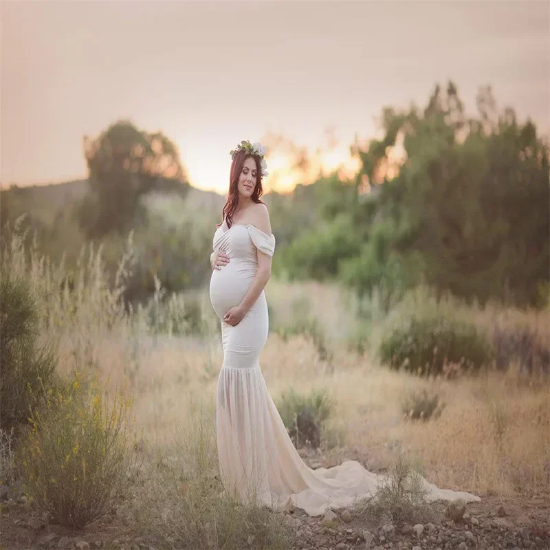 Mutterschaft Chiffon Meerjungfrau Kleid von der Schulter fallen Ärmel angepasst Fotoshooting Fotografie Kleid