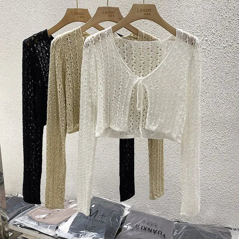 Pointelle Tie Front Crop Cardigan Donna Top in maglia a punto aperto Crochet Bolero Cover-up Primavera Estate 2026 Y2K Grunge