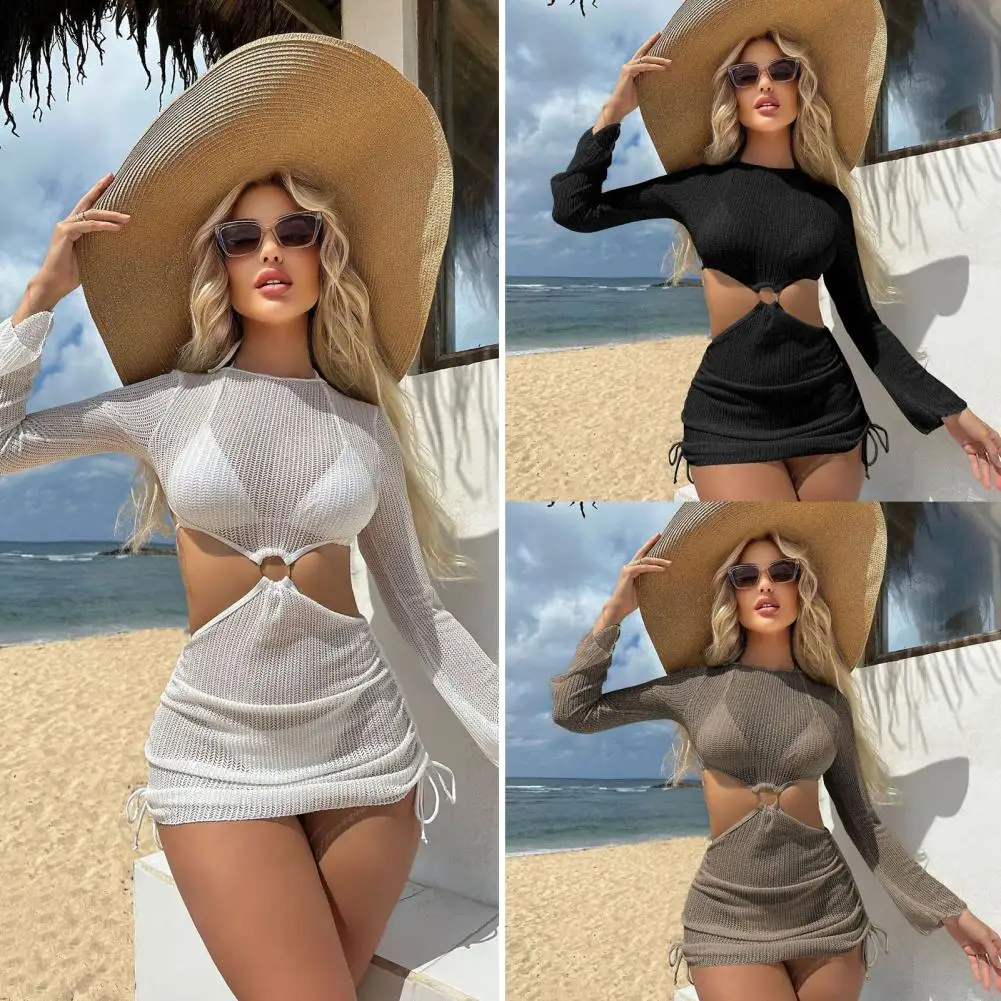 3Pcs/Set Women Trendy Bikini Set Halter Bra Lace-up Swimming Trunks Set With See-through Mesh Yarn Cover Up Dress