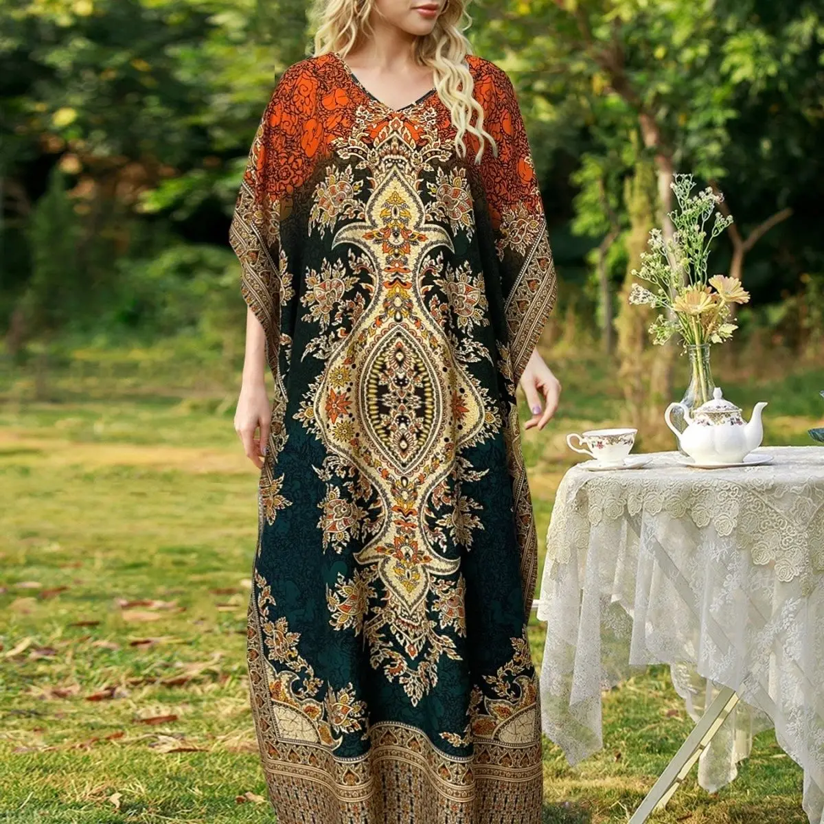 

New Women's Printed Skirt Middle Eastern Large Loose Robe Seaside Vacation Long Dress