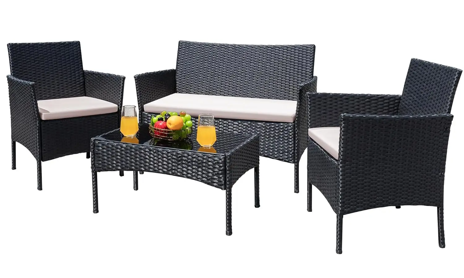 

4 Pieces Patio Conversation Set Rattan Chairs Loveseat Cushioned Glass Table Garden Balcony Poolside, Customized
