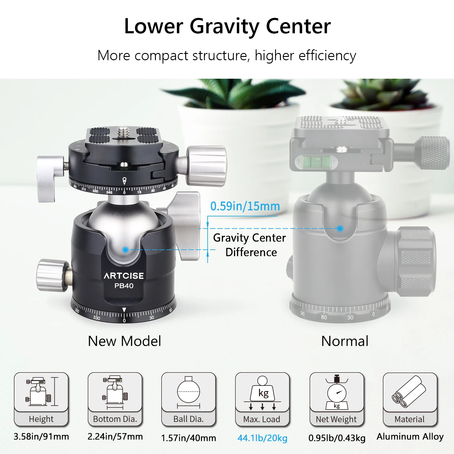 ARTCISE PB35/PB40 adaptor dudukan Tripod Ballhead 35/40mm adaptor kepala bola besar dengan pelat rilis cepat 1/4 inci sekrup isi 20kg