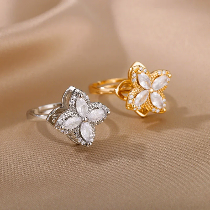 سبينر الزركون القلب أربع أوراق البرسيم خواتم للنساء الفولاذ المقاوم للصدأ مكافحة الإجهاد القلق تململ خاتم هدية الكريسماس #4