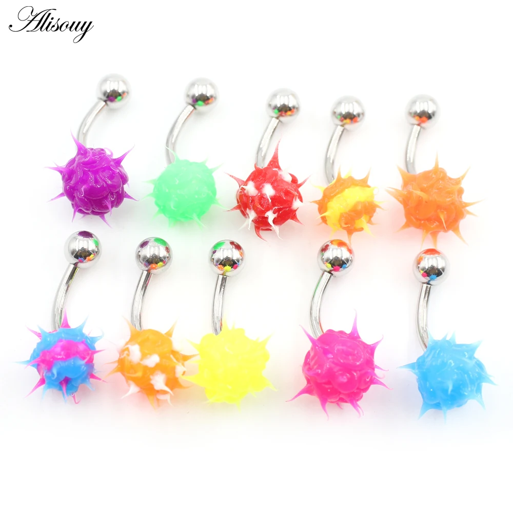 Alisouy 1PC 14G Piercing de nombril en acier inoxydable avec boule en silicone brossé pour femme