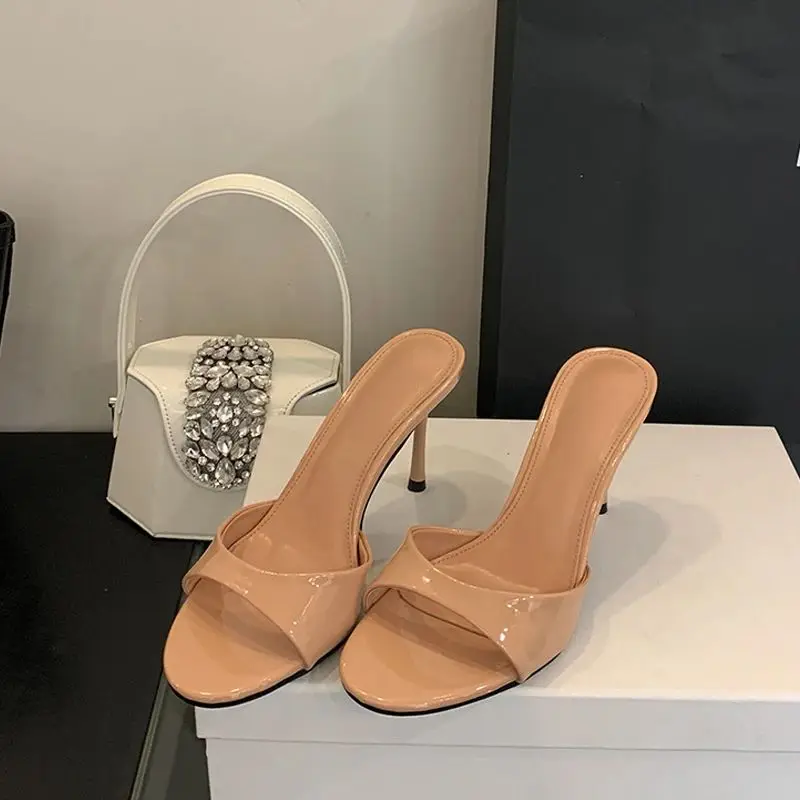 

Sexy Thin Heels Slipper Woman Fashion Round Toe Slides Stripper Party Banquet Summer Sandals Mule Slip On Shoes Zapatillas Mujer