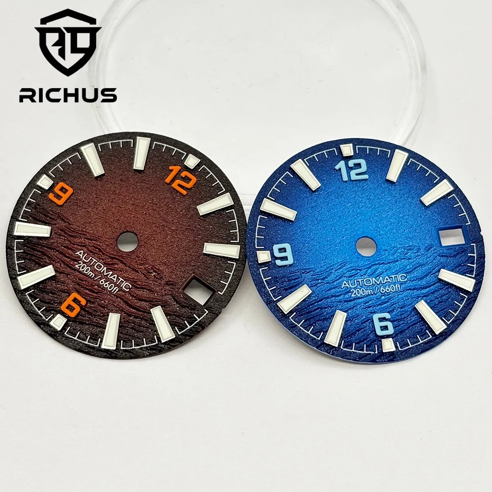 RICHUS 28.5mm Ocean Wave Texture Watch Dial Green Luminous Fit NH34 NH35 NH36 ETA2824 2836 Miyota8215 Watch Replacement Parts