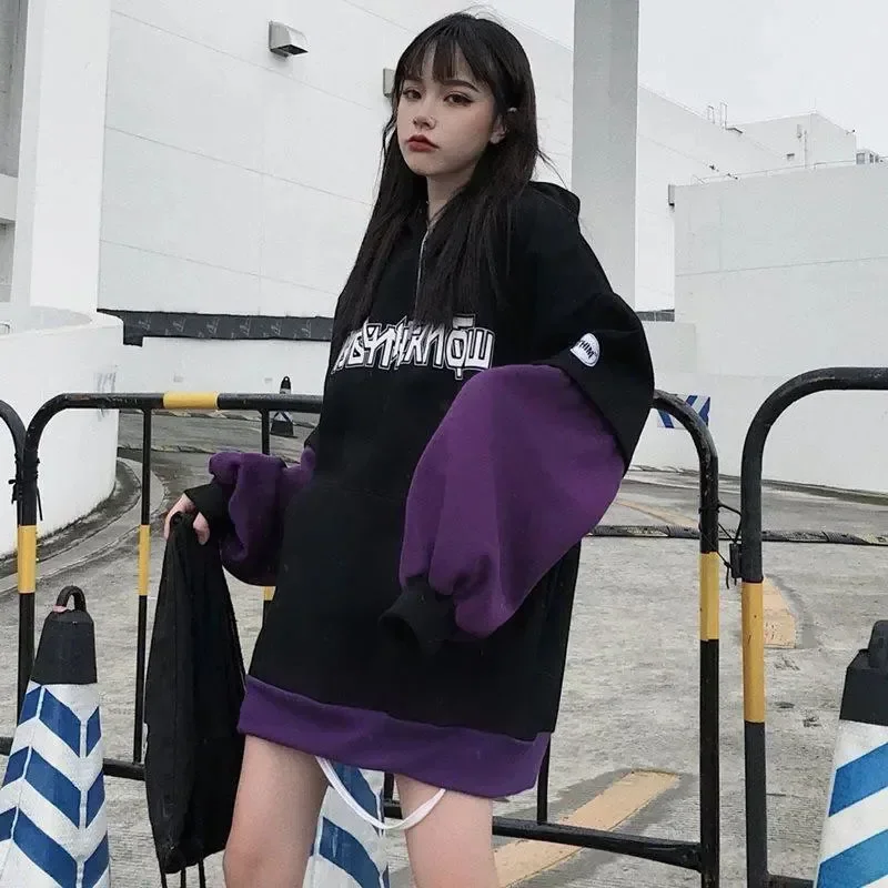 Spring Fleece Thickened Letter Hoodie Women's Gothic Hip-hop Street Korean Loose Fashion Casual Sweater Y2k Retro Men's Clothing