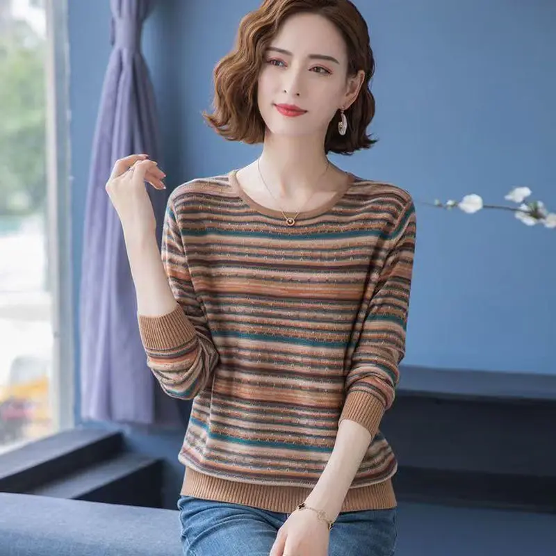 2023 Spring and Autumn Women\'s New Comfortable Long Sleeved Striped T-shirt Versatile Casual Knitted Bottom Shirt Affordable Top