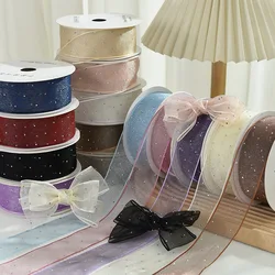 10Yards 4CM Silver Dots Organza Gauze Packaging Ribbon Tape Flower Gift Box Wrap Bow DIY Wedding Christmas Party Decoration