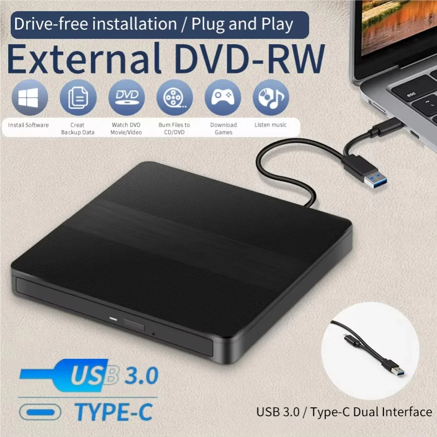 

2 in 1 USB 3.0 Type C External DVD RW CD Writer Slim Optical Drive Burner Reader Player For Laptop PC Portable DVD Burner