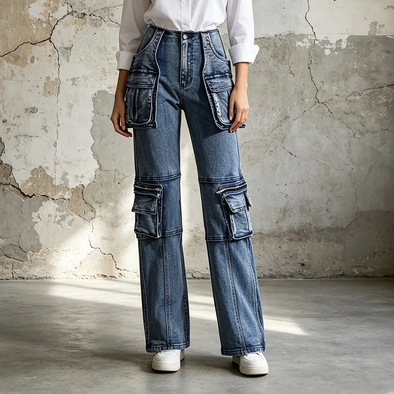ZAMOR HIGH STREET Women Cross Border Trade Straight Leg Jeans 2026 Spring New Design Big Pocket Splicing Slim Fit Long Denim Pan
