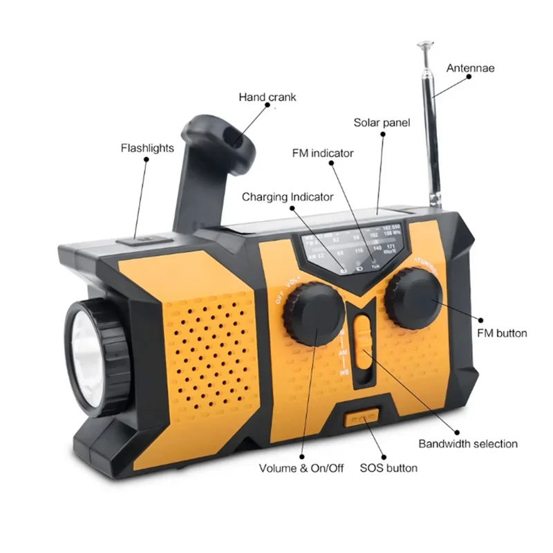 

Hand Crank Solar Radio Solar Radio With LED Flashlight Portable AM/FM/NOAA Weather Radio With 2000Mah Mobile Power Phone Charger