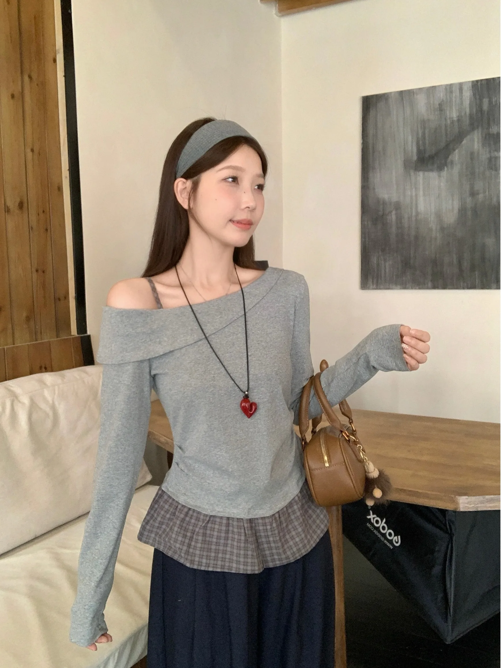 

plus Size Women's Vintage Plaid Splice oulder Bared Long Sve T-irt Autumn New Sle Slimming Top High Waist Design