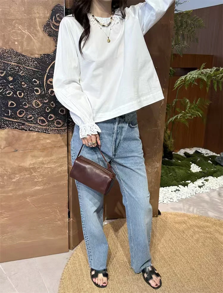 

Sweet Ruffle Collar Doll Shirt Back Button Design Cotton Long Sleeve Women's Casual Fashion Autumn New Arrival Premium Quality
