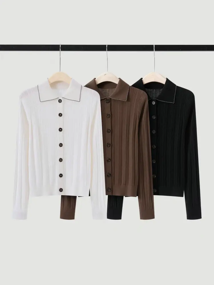 Women's Autumn Long-Sleeve Wool-Blend Cardigan with Collar and Beaded Chain Detail