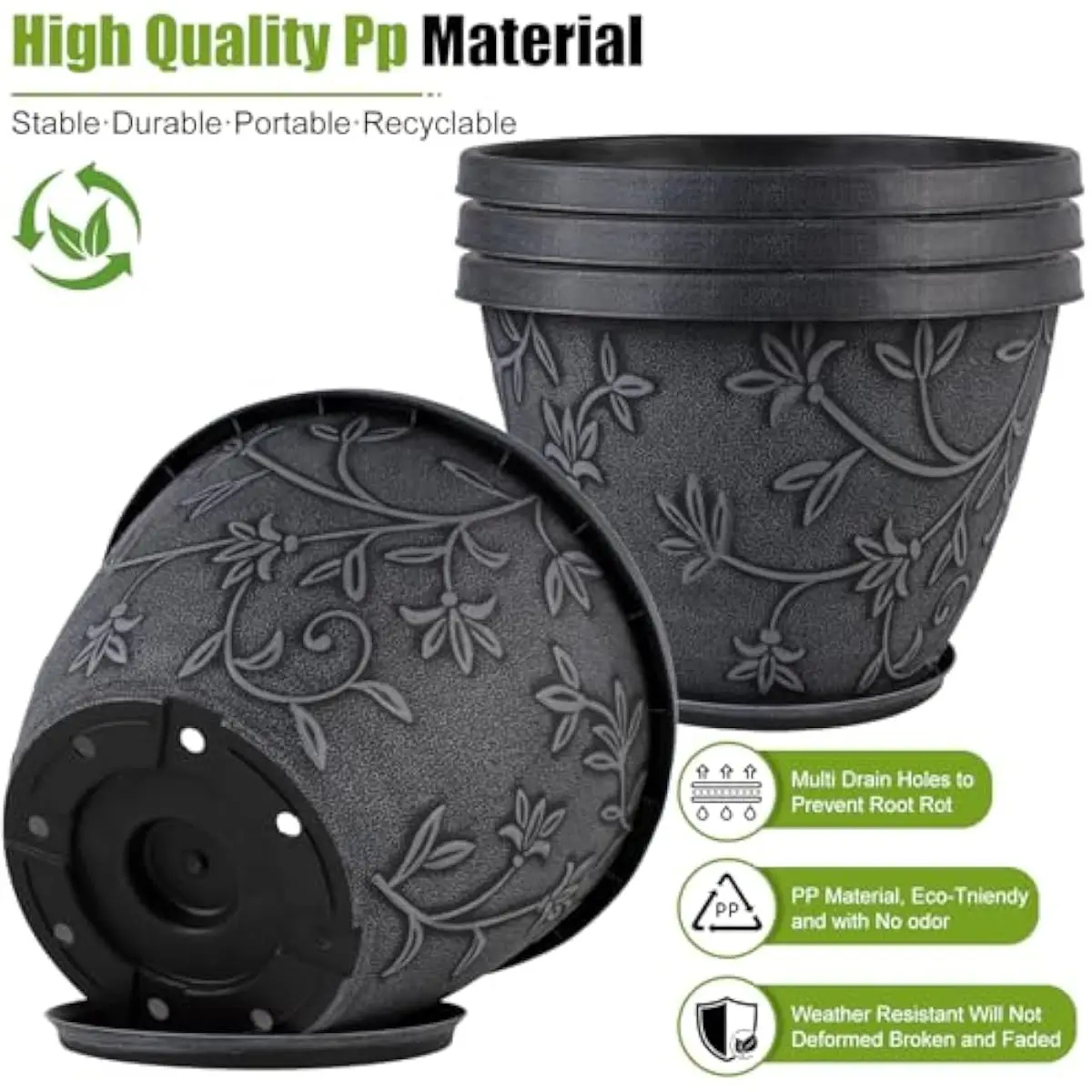 4 Pack 16 Inch Modern Outdoor Planter with 3D Magnolia Texture Lightweight Frost Resistant ABS Plastic Pot Featuring Drainage Ho