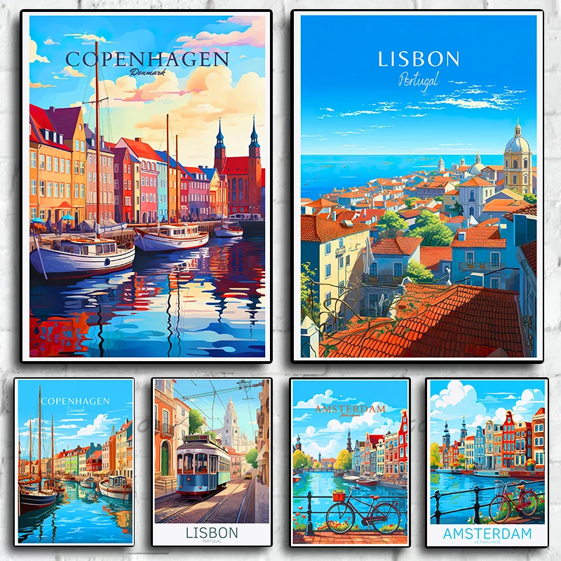 Dänemark Portugal Holland Reise plakat Kopenhagen Madeira Porto Leinwand Malerei Wand kunst Bild für Wohnzimmer Wohnkultur