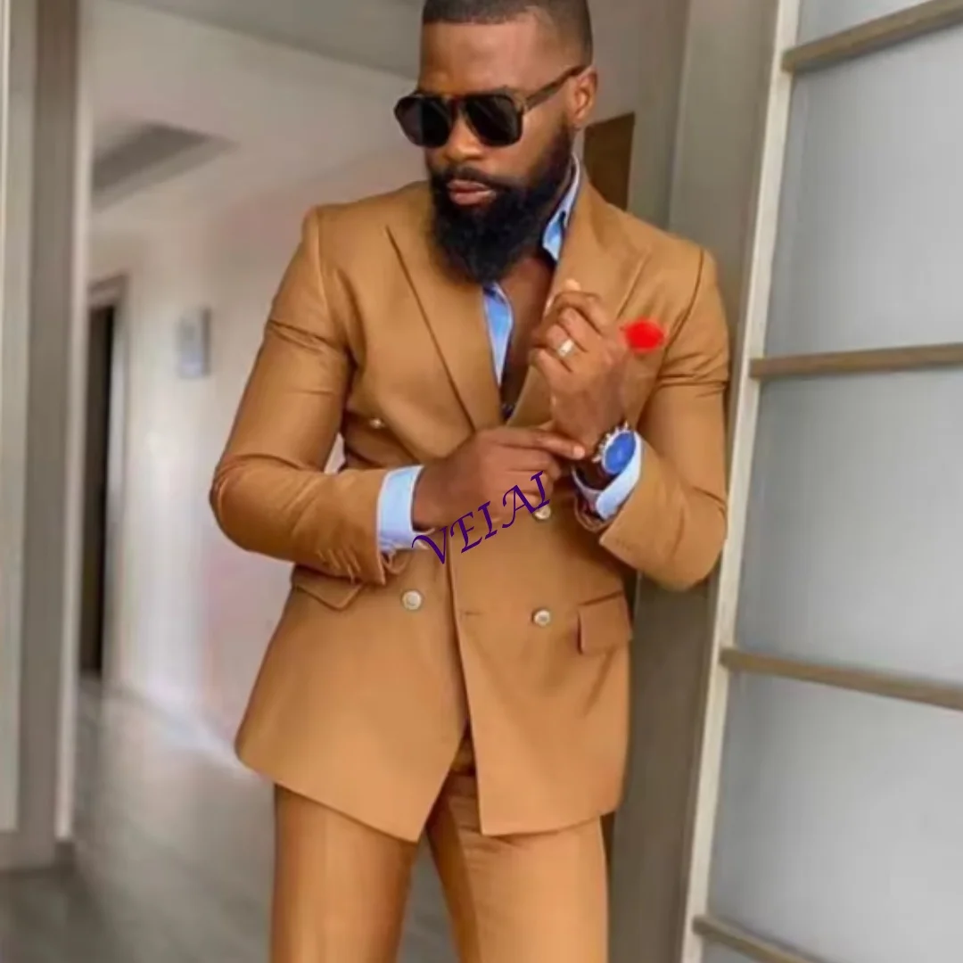 

CustomizedBrown Double Breasted Men Wedding Suits Slim Fit with Peaked Lapel African Groom Tuxedo for Dinner Party 2 Pcs Fashion