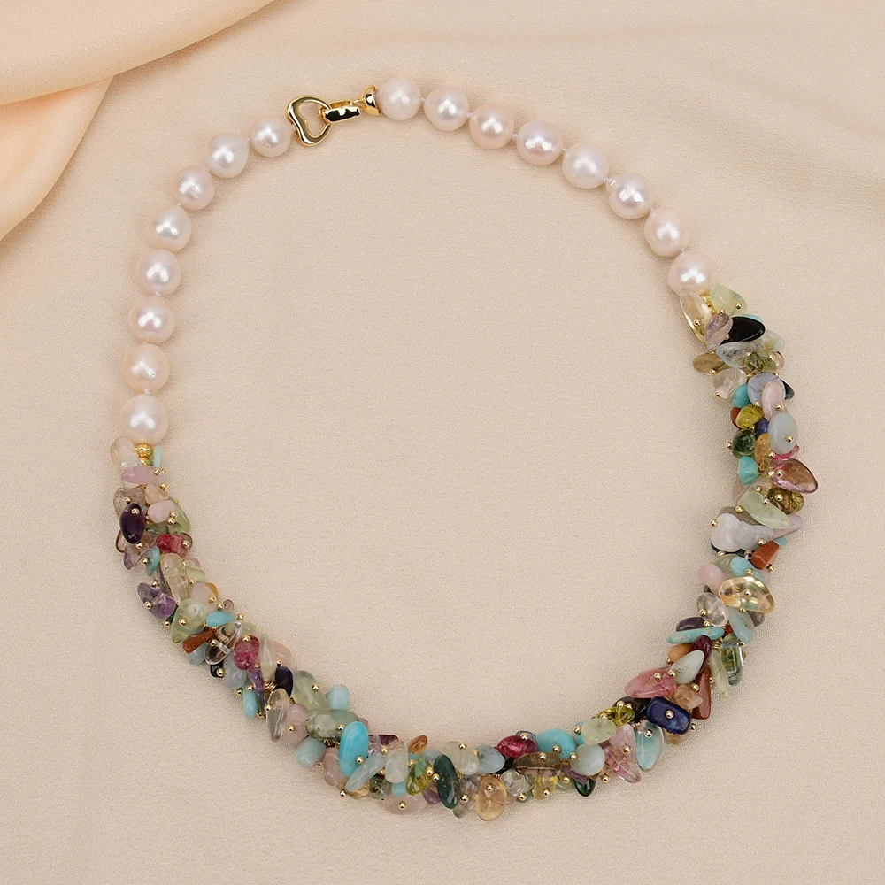 G-G Big White Keshi Pearl Natural Mix Gems Stone Chokers Necklace 19\'\'