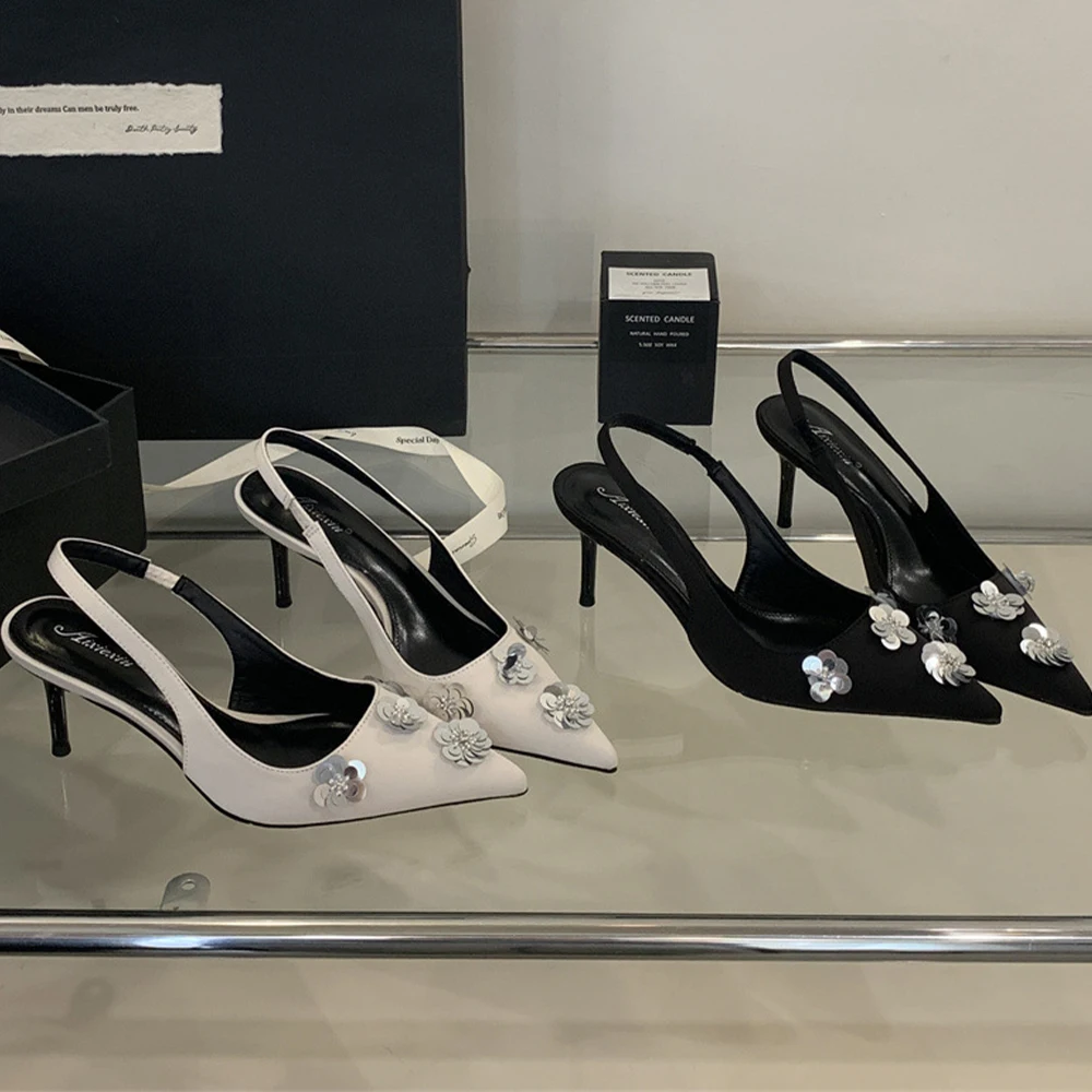Womens Pointed Closed Toe Heels Stiletto Sandals Elastic Strap Sandals Kitten Heels Flower Slip on Slingback Shoes for Party