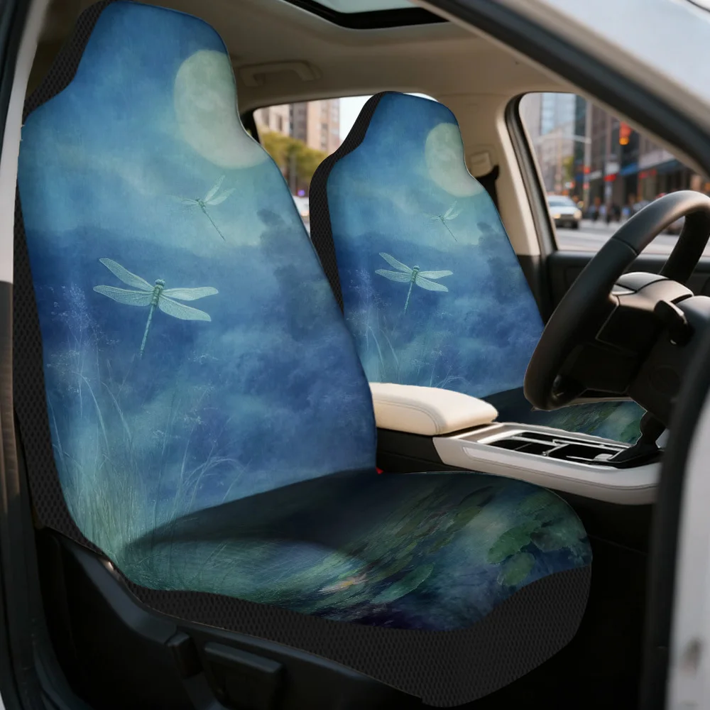 Set Of 2 Universal Car Seat Covers Featuring A Print Of Moonlit Dragonflies Over A Pond. These Premium Covers Are Designed For S