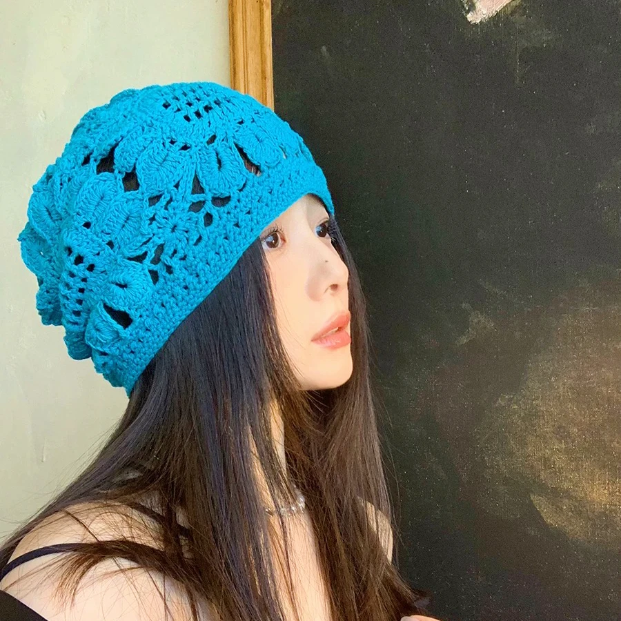 

Vintage Handmade Crochet Knitted Hat Autumn Winter Sunflower Flower Hollow Out All-Match Pullover Hat