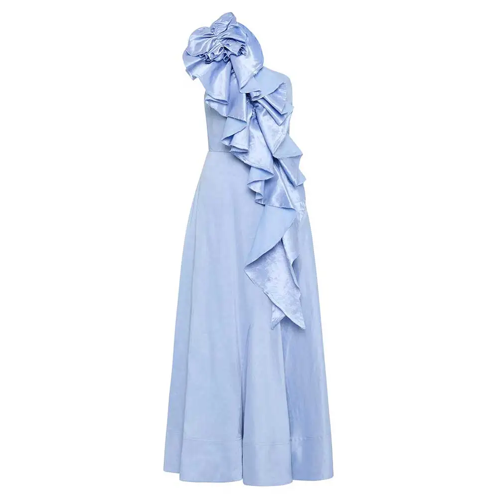 YUNLAN Gorgeous Sky Blue Satin One Shoulder Sleeve Cocktail Ball Dress 2024 Women Wedding Guest Ruffle Midi Dress Party Dress