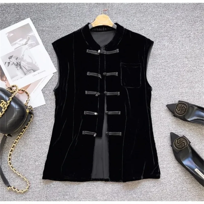 

Women's Jackets Women's Vest Chinese Tang Suit Buckle Fashion Velvet Round Neck Casual Joker Vest Gold Velvet National Coat