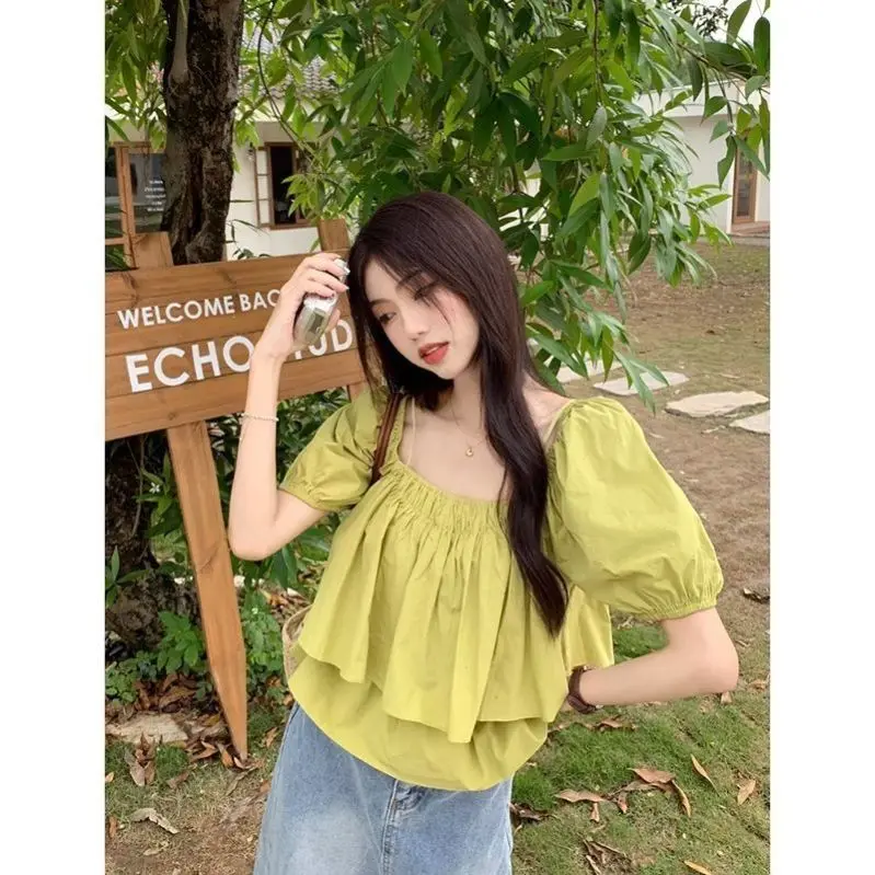 Women Solid Shirt Sweet Chic Puff Short Sleeve Female Blouse Korean Summer New Square Collar Loose All Match Ladies Crop Tops