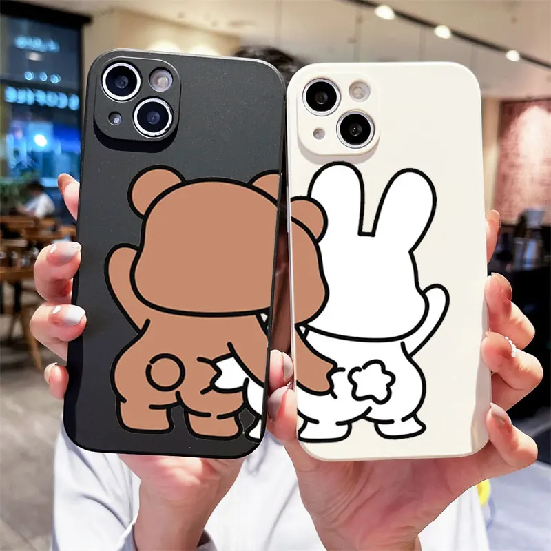 Cartoon Cute Bunny Bear Paired Couple Phone Case for IPhone 13 11 12 15 Pro Max Mini X XS XR 8 7 14 Plus SE2 Lovers Cover Fundas