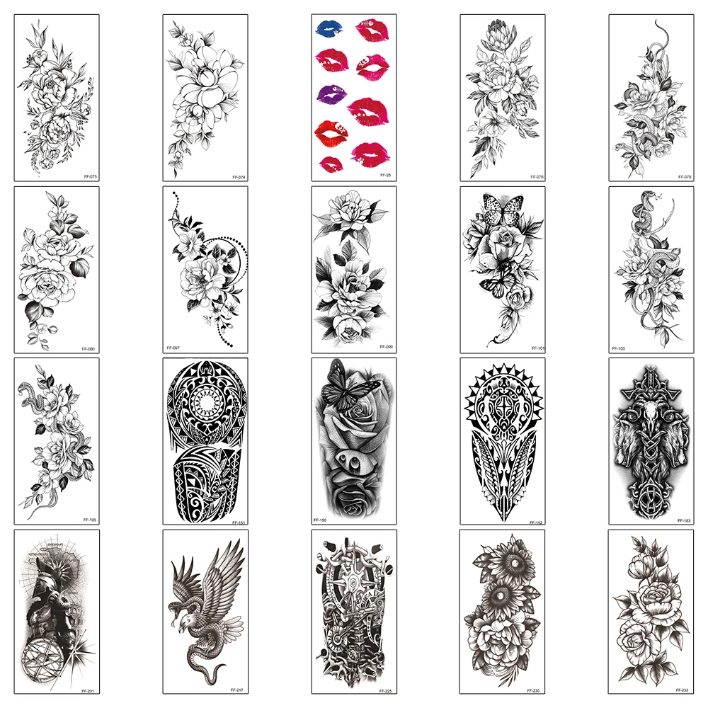 

20Pcs/Set,Waterproof Temporary Fake Tattoos Sticker,Water Transfer Decals,Black Snake Flower Totem,Beauty Body Art for Man Women