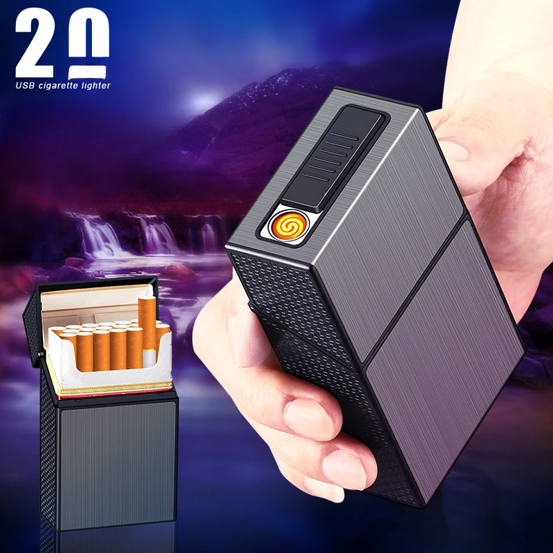 20 Thick Cigarette Case Tungsten Wire Igniter USB Charging Lighter Outdoor Waterproof and Moisture proof Electronic Lighters