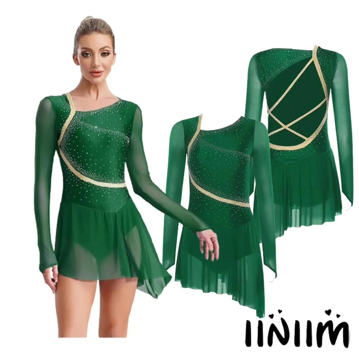 

Women Girls Rhinestone Decorated Dance Leotard for Lyrical Ballet Contemporary Dance Costume Tulle Skirted Figure Skating Suit