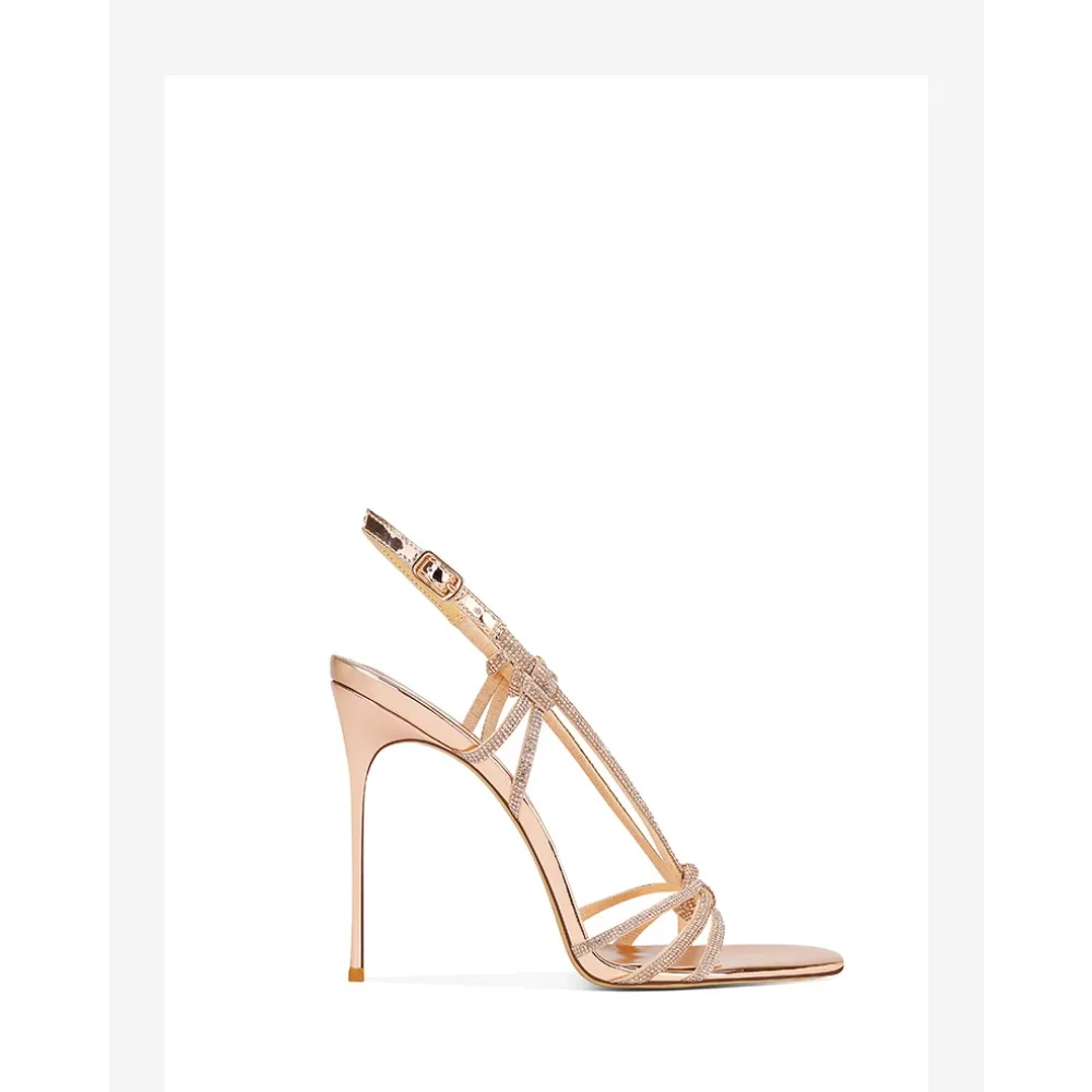 Fashion Sandals Women Light Gold Strappy Stiletto Heels Rhinestone Summer 2025 Office Lady